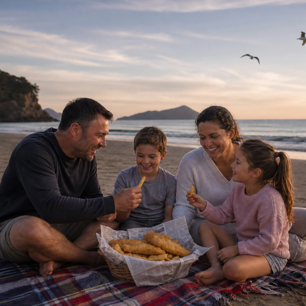 Kiwi Family Fish and Chips at Beach-1