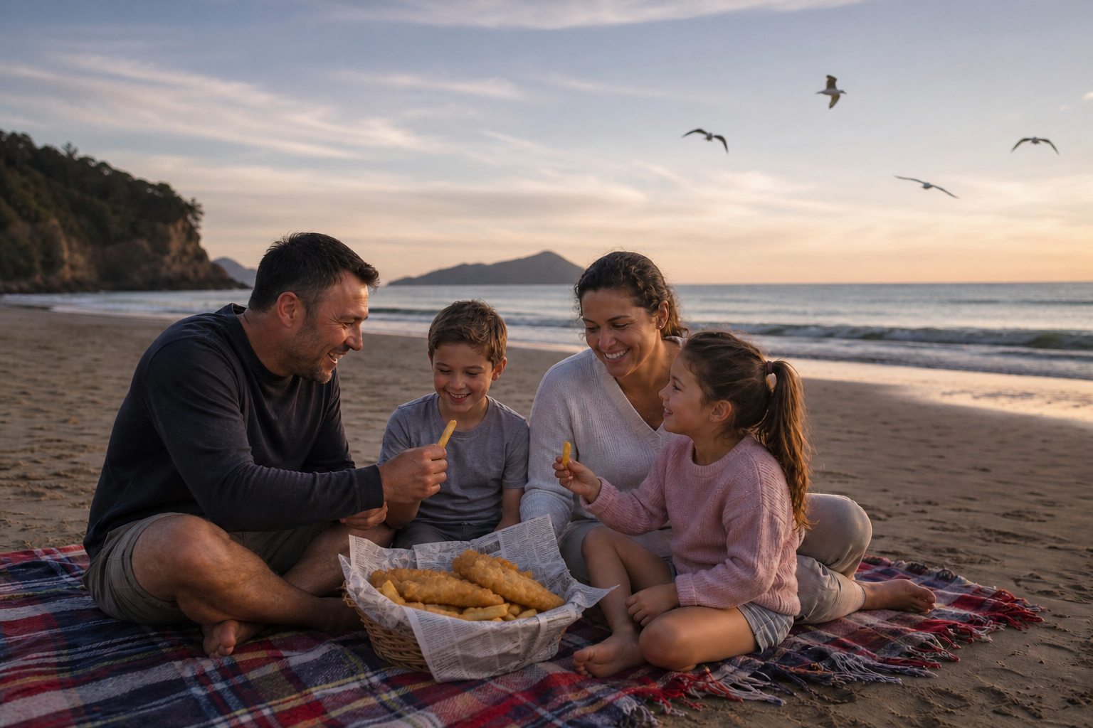 Kiwi Family Fish and Chips at Beach